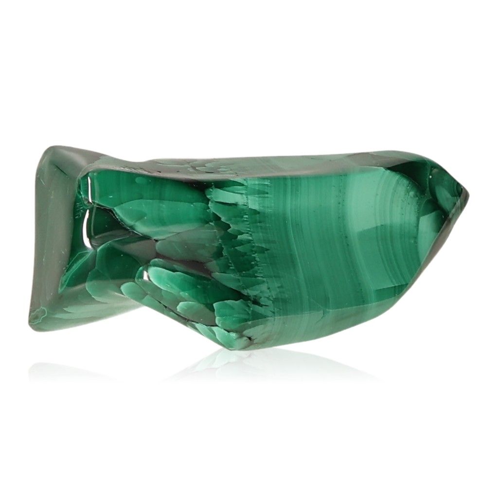 Polished malachite stone with vibrant green bands, known for its soothing energy and supportive properties.