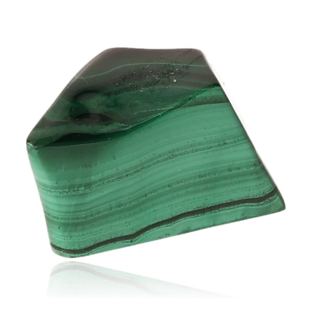 Malachite gemstone with vibrant green bands for courage and optimism, known for soothing and energizing properties