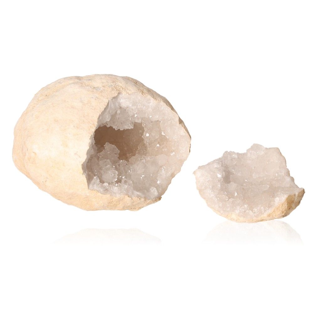 Natural geode stone with crystals exposed, showcasing raw beauty and crystalline interior. Perfect for collectors and spiritual enthusiasts.