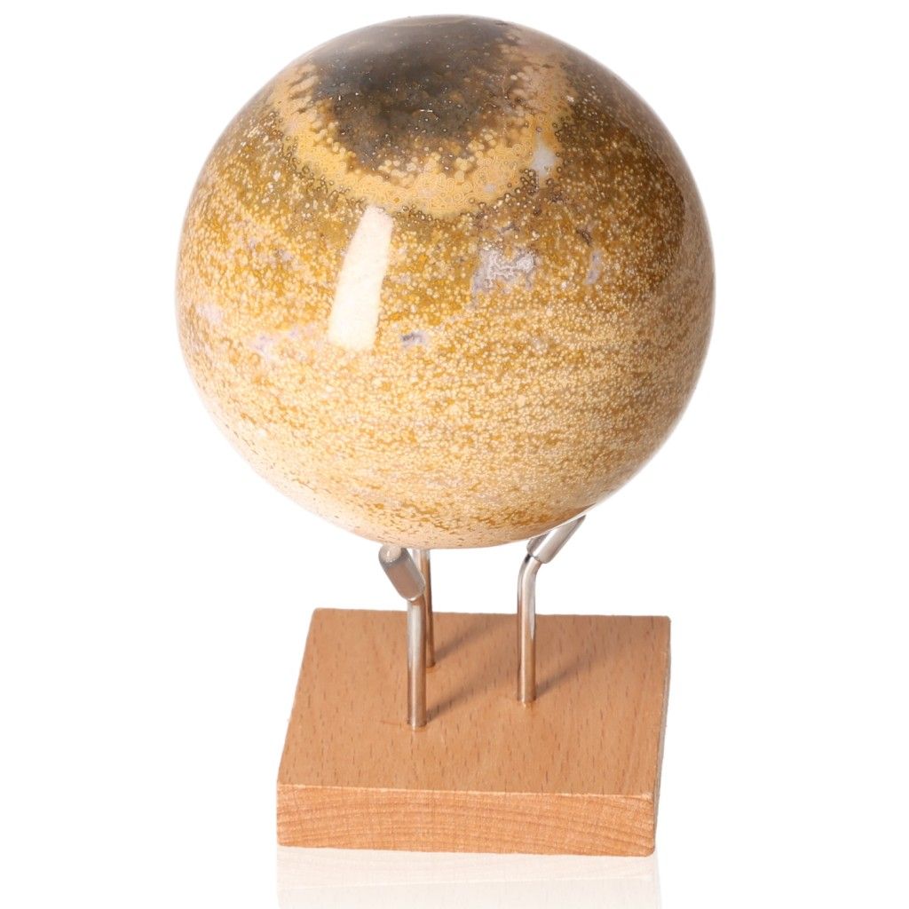 Ocean Jasper Sphere on stand, showcasing unique patterns and promoting joy, positivity, and emotional balance.