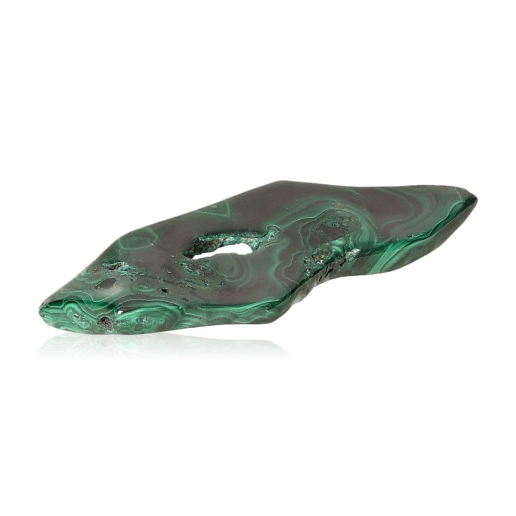 Malachite stone with vibrant green patterns, known for soothing energy and promoting courage and optimism.