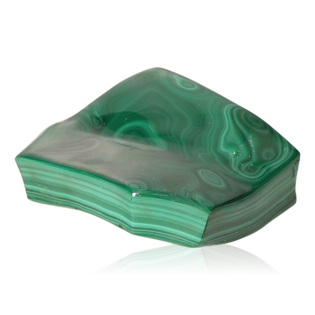 Polished green malachite stone with swirling patterns, known for its soothing energy and positive influence on courage and optimism.