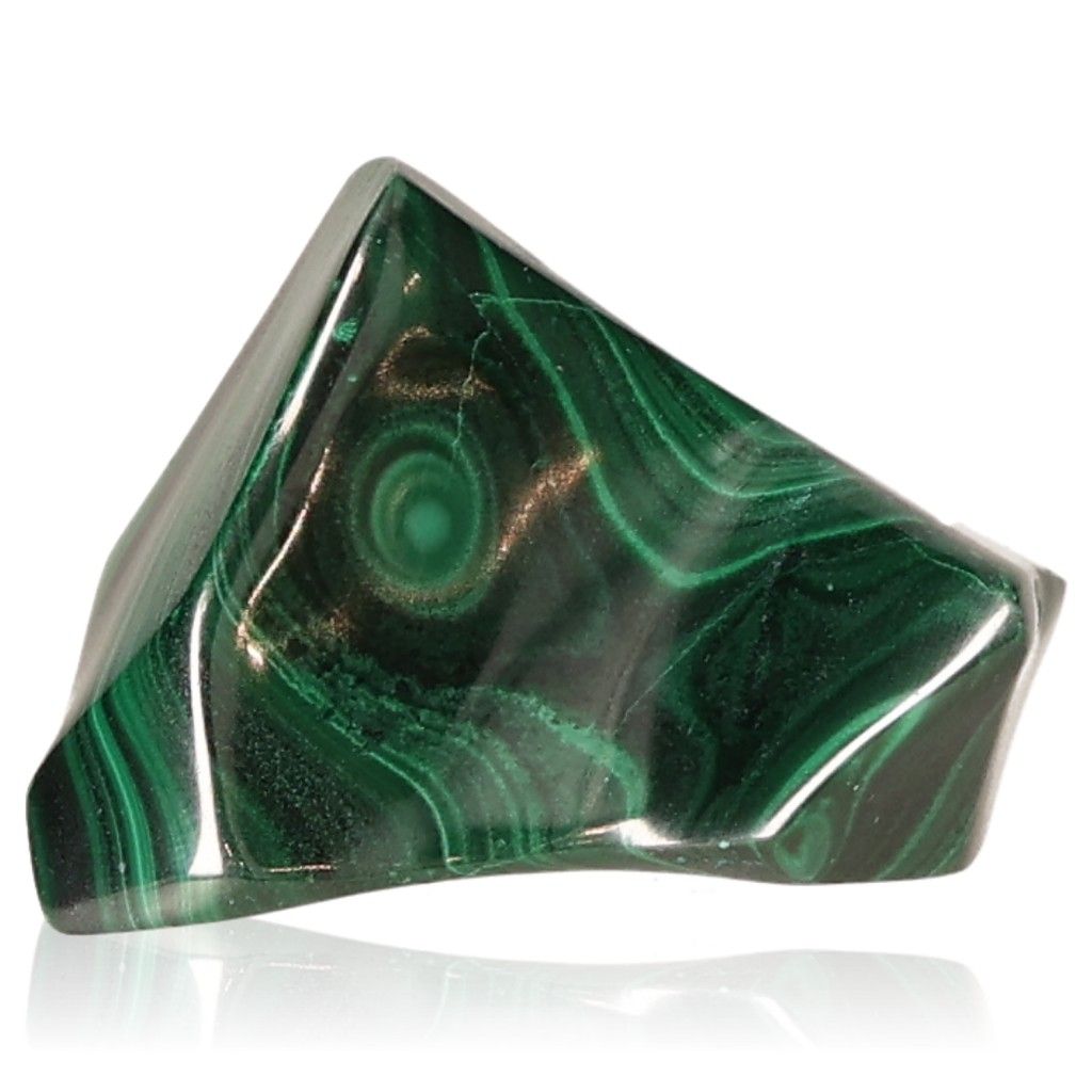 Polished malachite stone with vibrant green swirling patterns, known for soothing energy, courage, and promoting inner harmony.