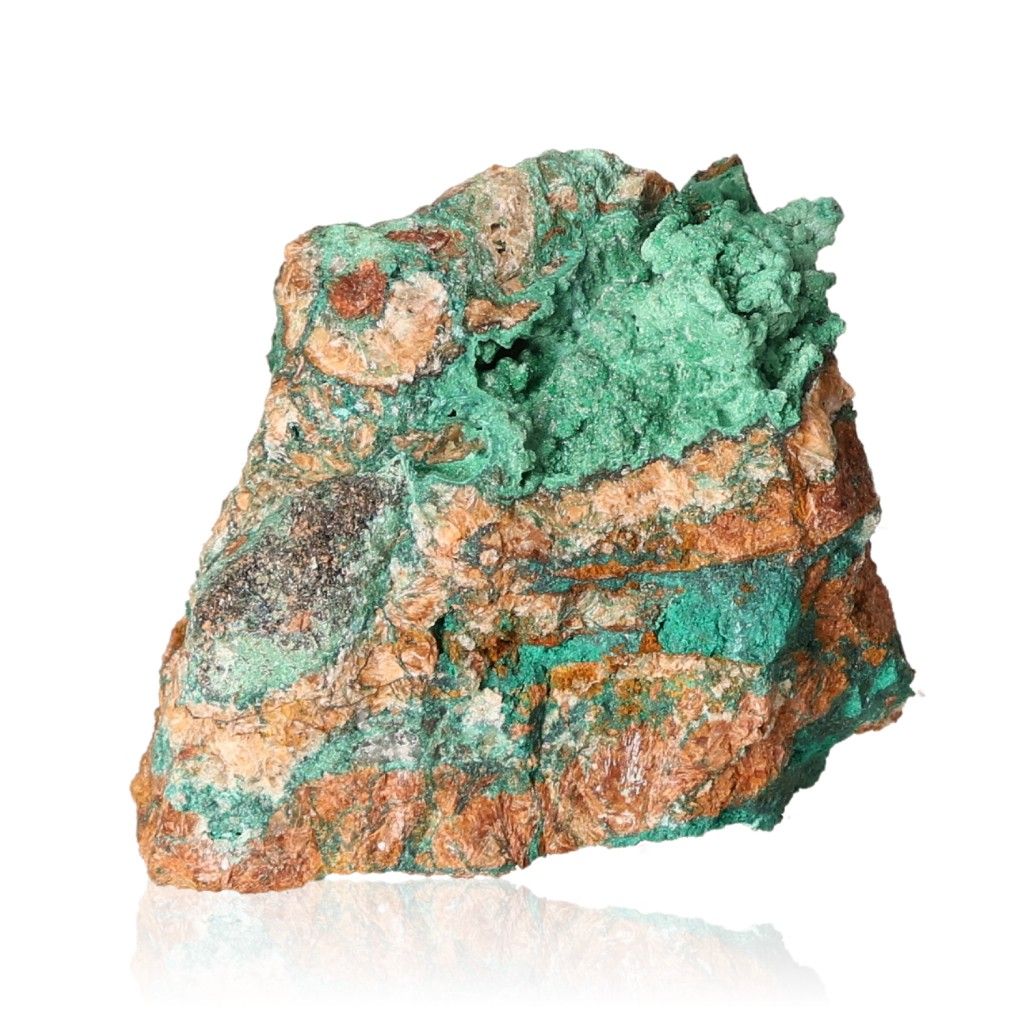 Raw malachite druzy stone with vibrant green hues and natural texture, known for soothing energy and promoting inner harmony.