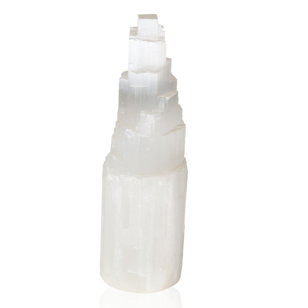 Tall selenite tower crystal by Sylvia Crystals, 38cm purity and power, for mindful living and spiritual growth.