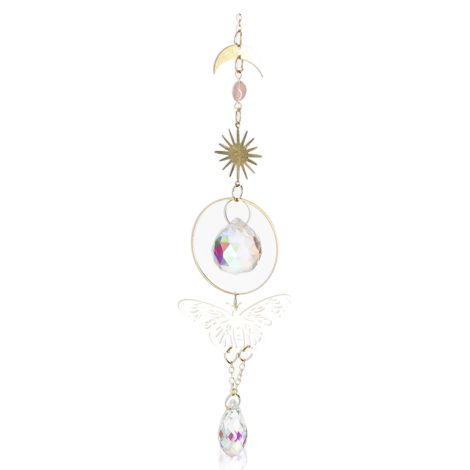 Dreamy Suncatcher-A with crystal glass sphere, butterfly and sun motifs, hanging decor for light reflection and decoration.