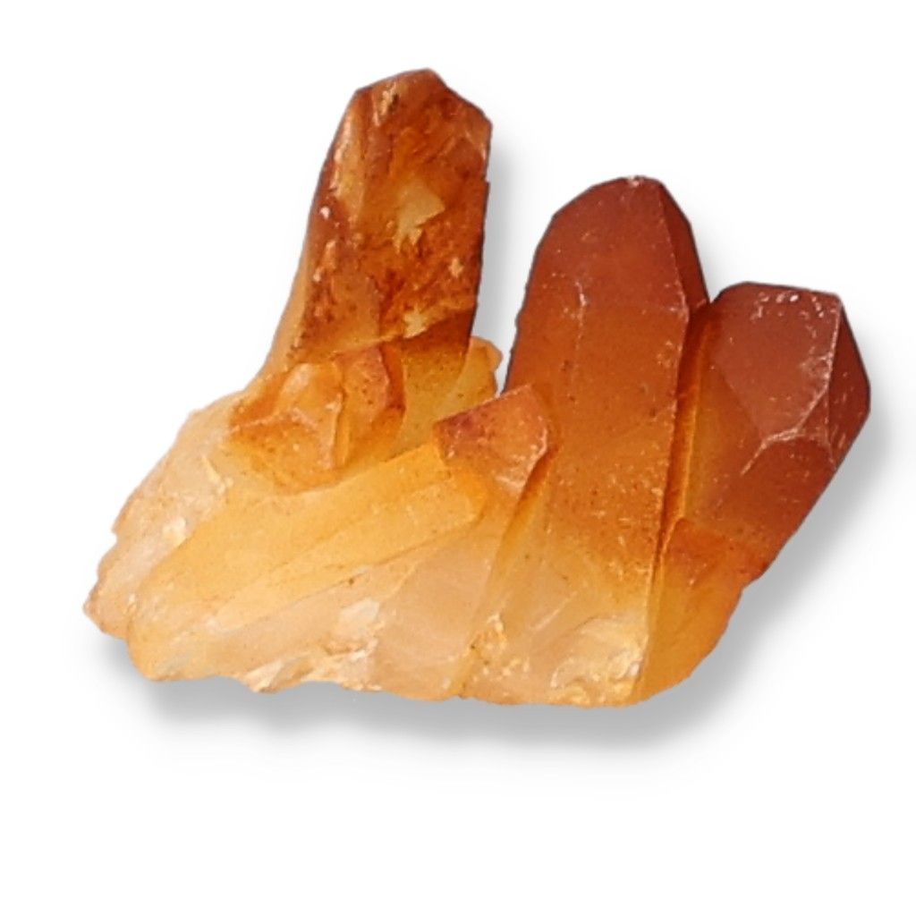 Quartz crystal cluster with iron oxide, featuring vibrant orange hues, associated with chakra healing and spiritual balance.