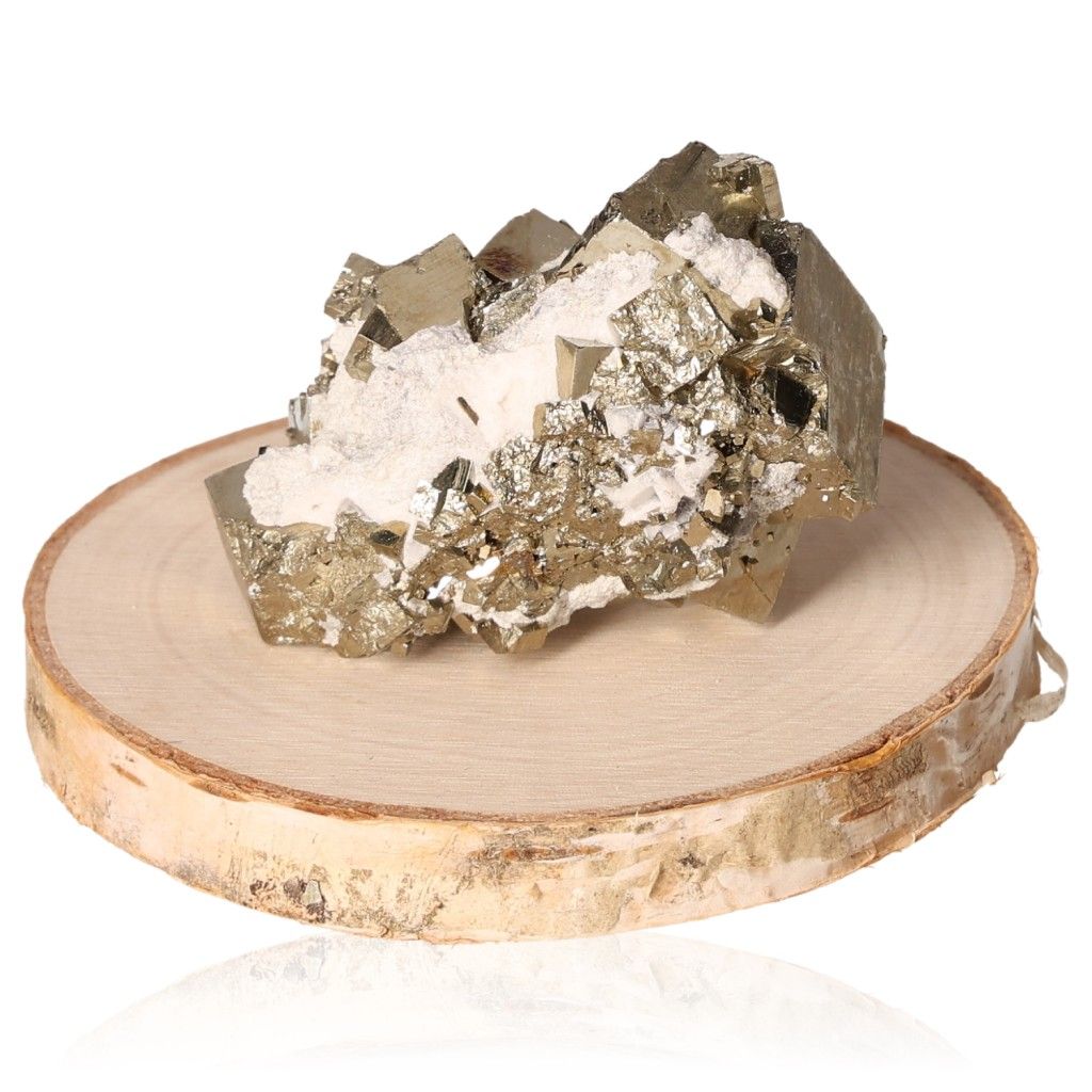 Pyrite druze with calcite on a wooden base, promoting independence, courage, and motivation. Perfect for inspiration and goal achievement.