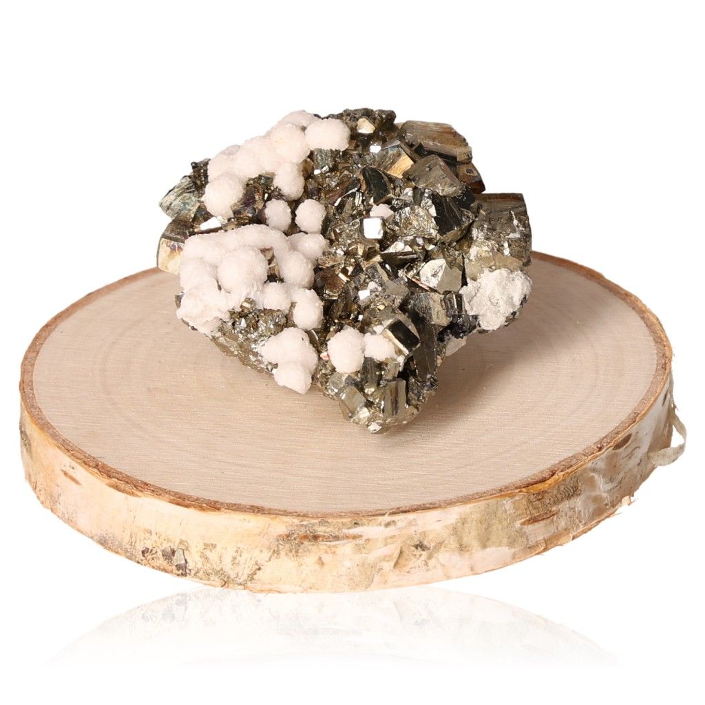 Pyrite druzy crystal on a wooden base, promoting independence, courage, and motivation for goal achievement and new ideas.