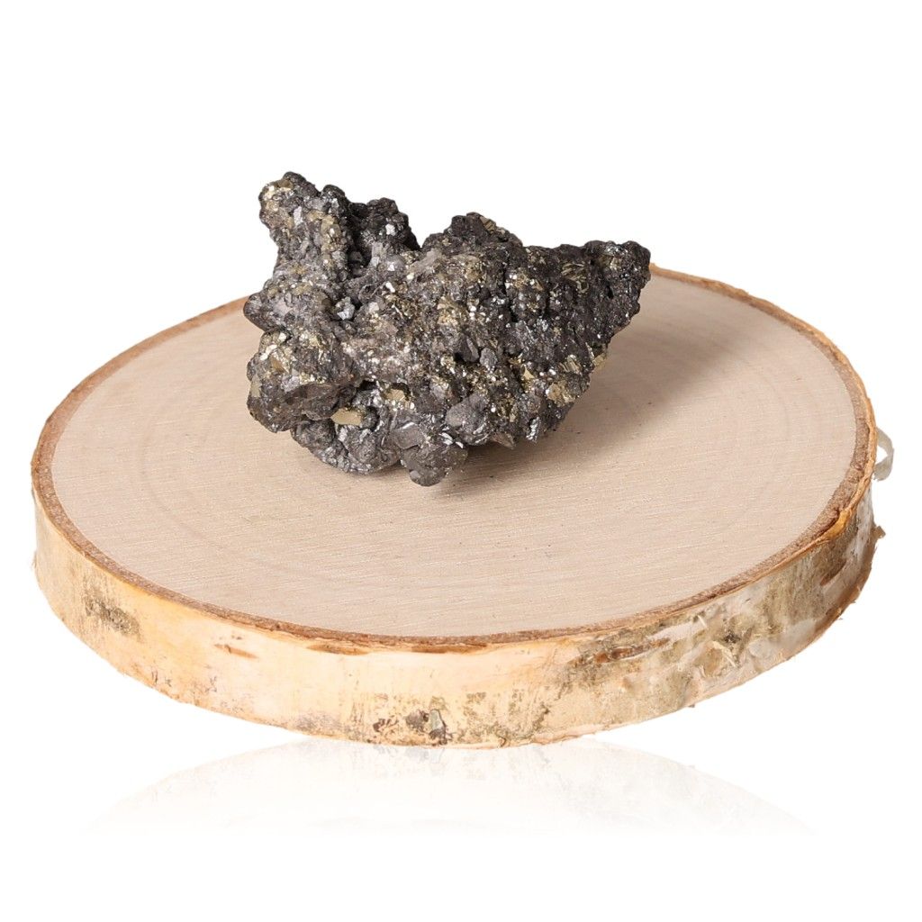 Pyrite druze crystal on wooden base, enhancing independence and inspiring new ideas for personal growth and goal achievement.