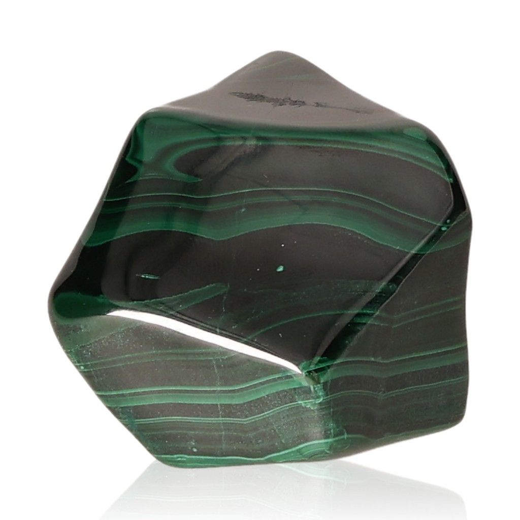 Polished malachite gemstone with vibrant green bands resembling nature’s soothing patterns.