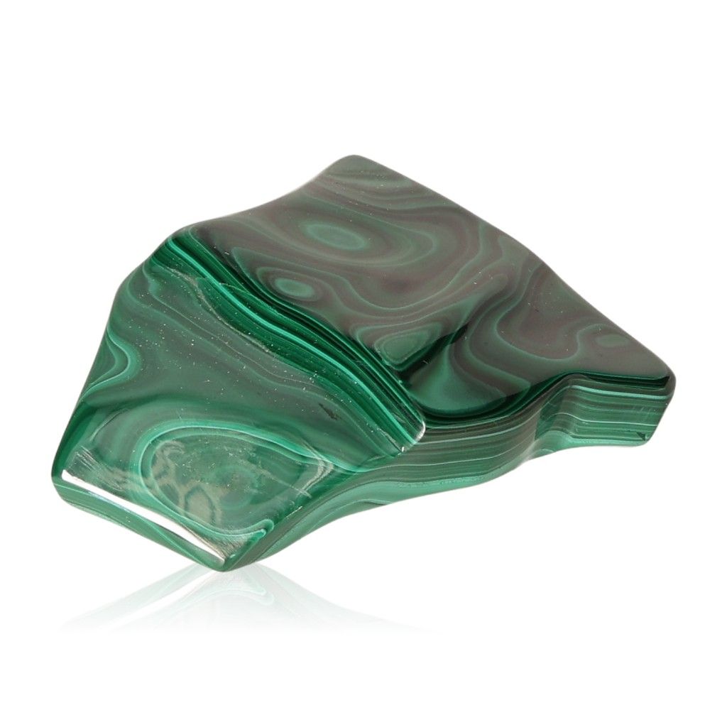 Polished green malachite stone with swirling patterns, symbolizing nature and harmony.