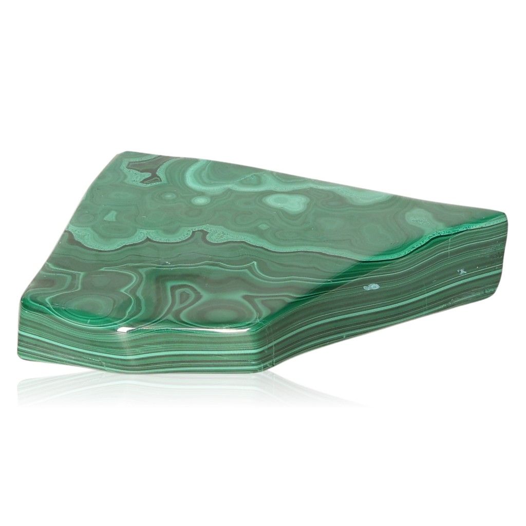 Polished green malachite stone with natural swirling patterns on a white background.