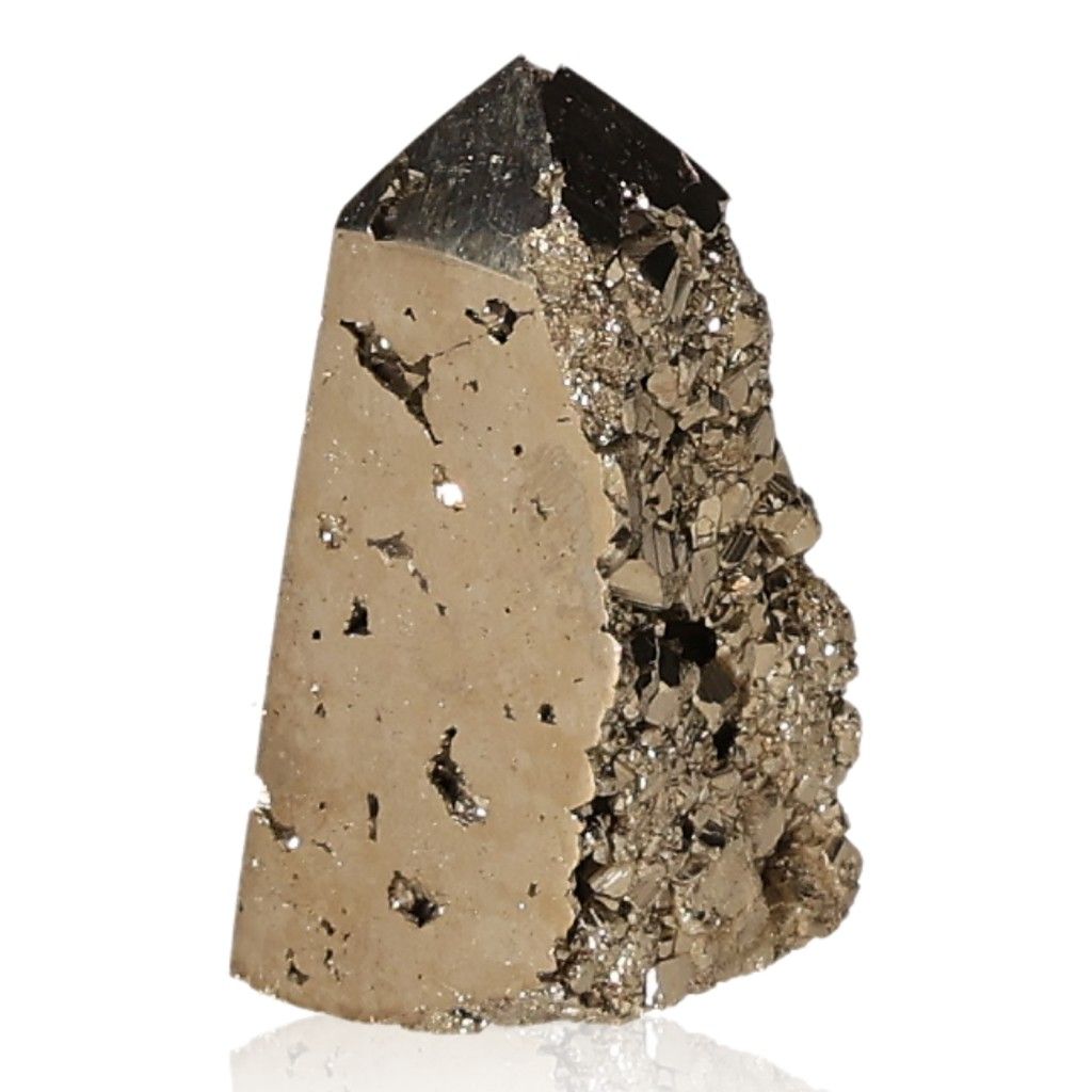 Pyrite obelisk crystal for independence, courage, and new ideas, promotes action and goal achievement.