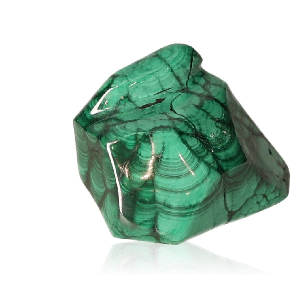 Vibrant malachite gemstone, known for soothing energy, courage, and optimism.