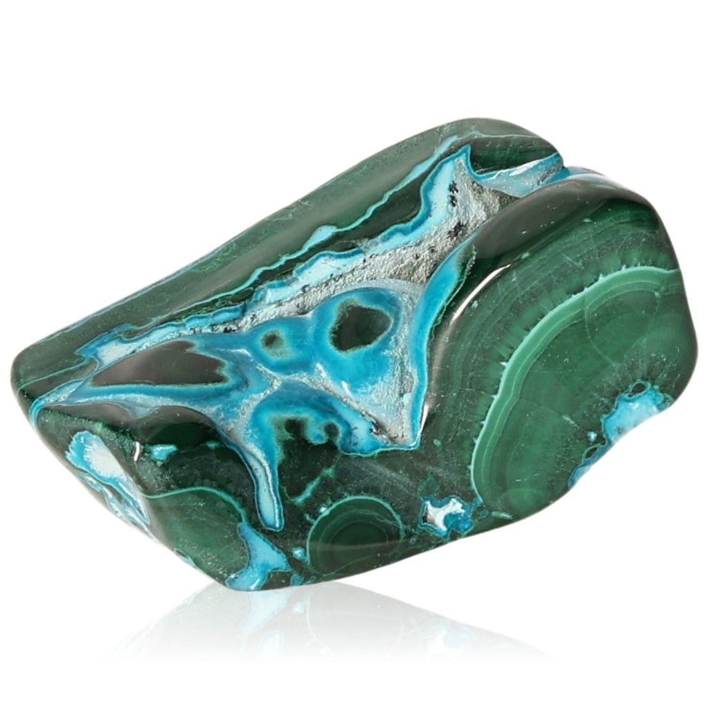 Blue Chrysocolla with Malachite gemstone showcasing vibrant colors and unique patterns for tranquility and transformation.