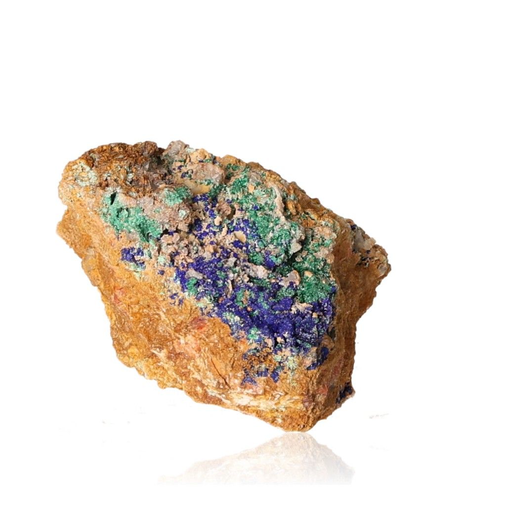 Azurite with Malachite mineral displaying deep blue and green patterns, known for enhancing focus and self-awareness.