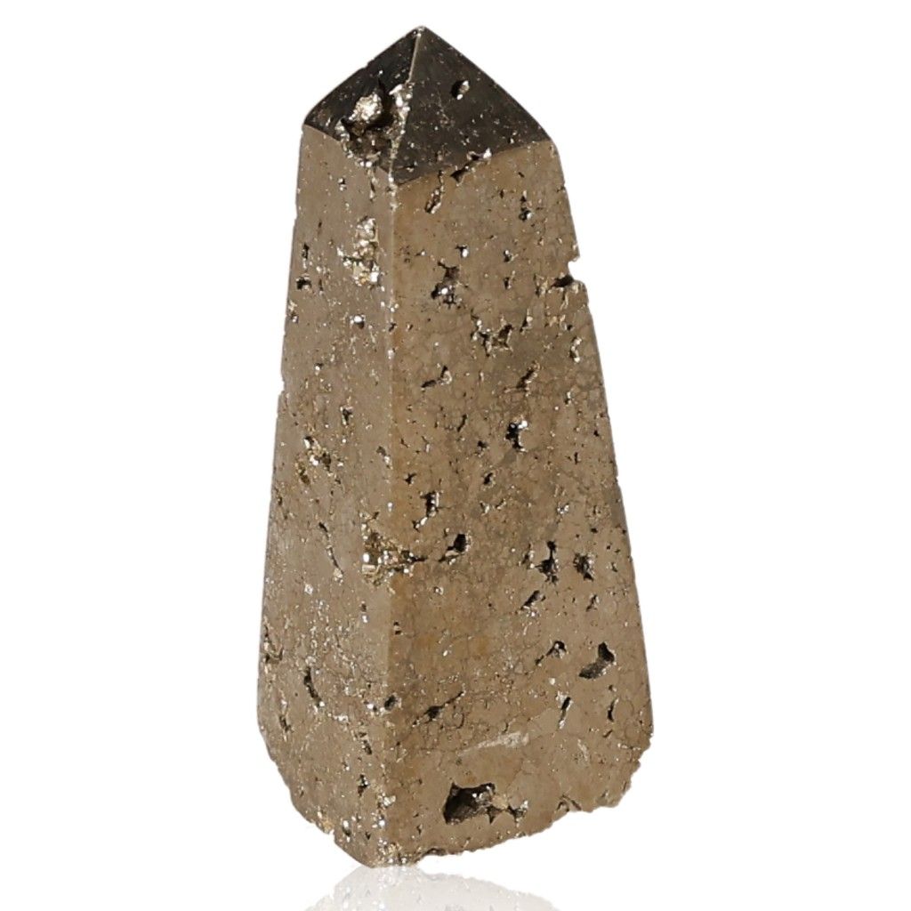 Pyrite obelisk crystal for independence and courage, promoting new ideas and goal achievement.