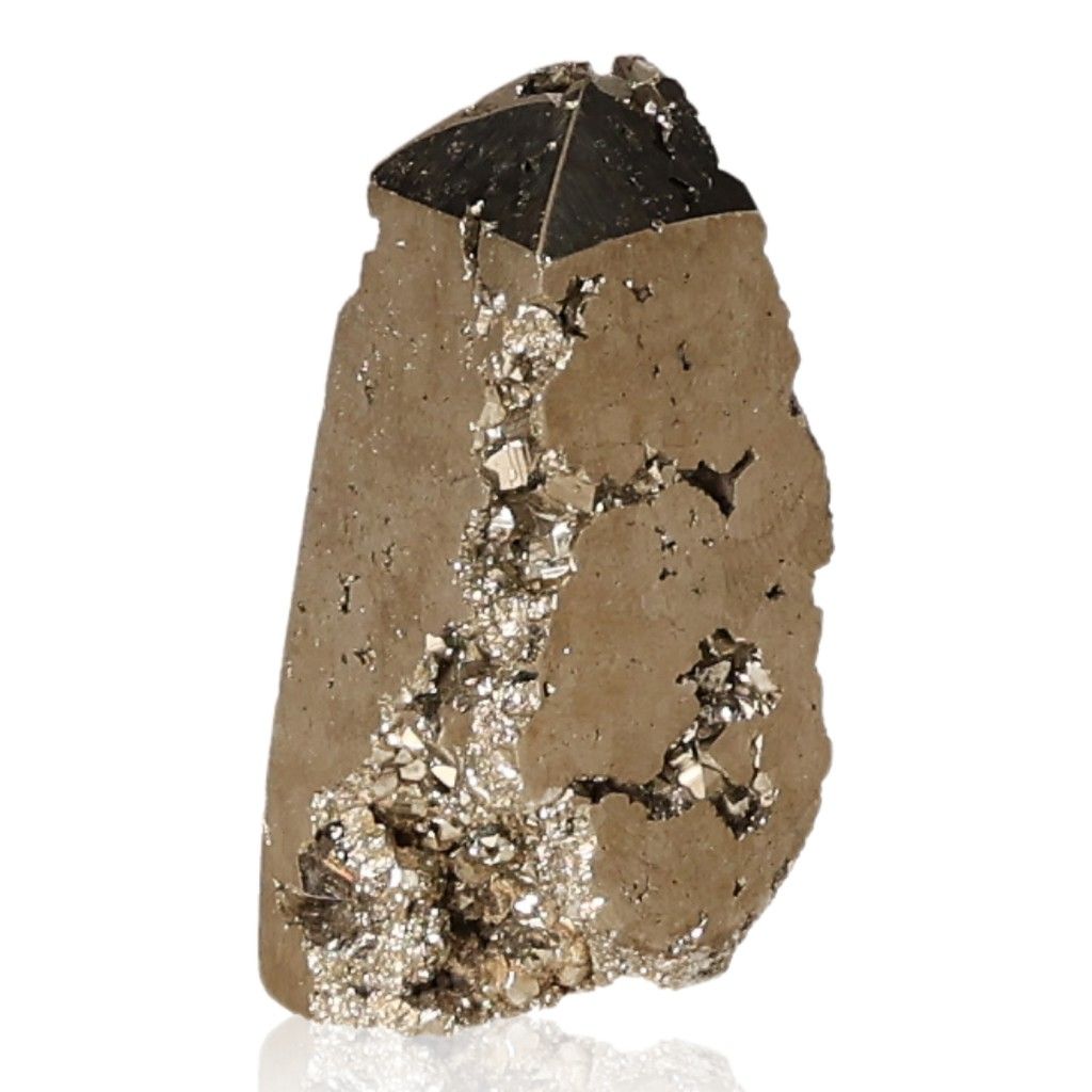 Pyrite obelisk stone promoting independence, creativity, and courage by stimulating action and achieving goals.