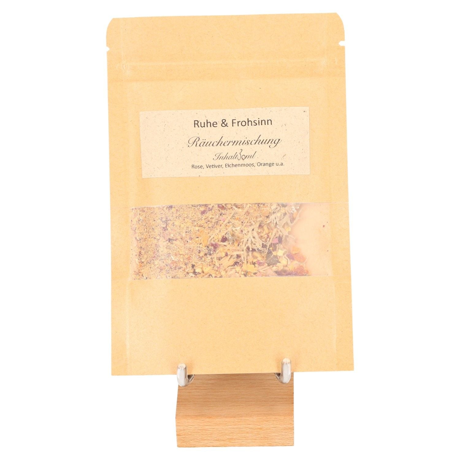 Incense Blend "Joy and Serenity" packet with a mix of vetiver, rose, oak moss, orange, sandalwood, and frankincense.