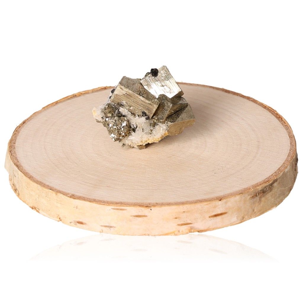 Pyrite druze on wooden slab, ideal for inspiring new ideas, courage, and independence in personal development.