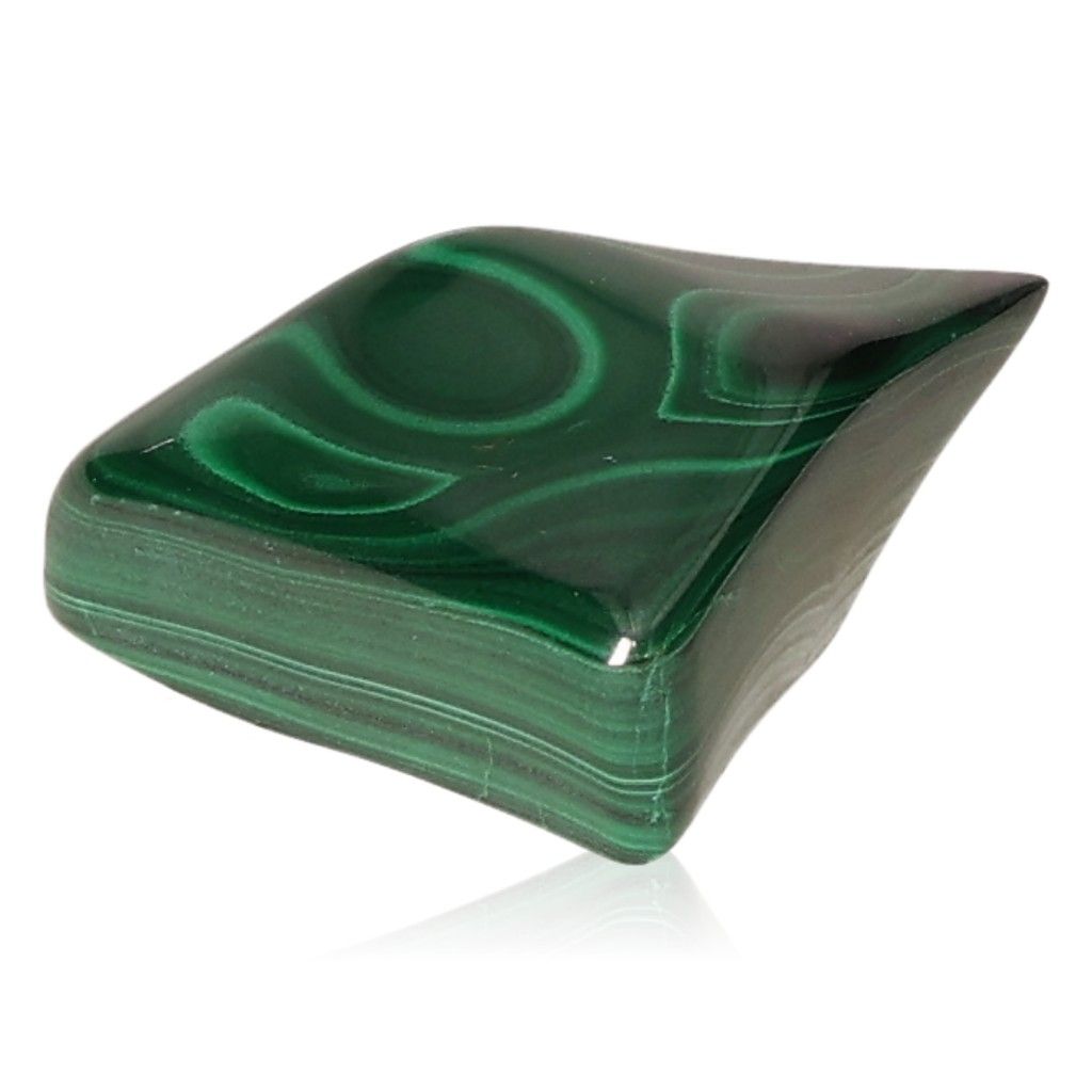 Polished malachite stone, rich green with swirling patterns, known for soothing energy and promoting inner harmony and optimism.