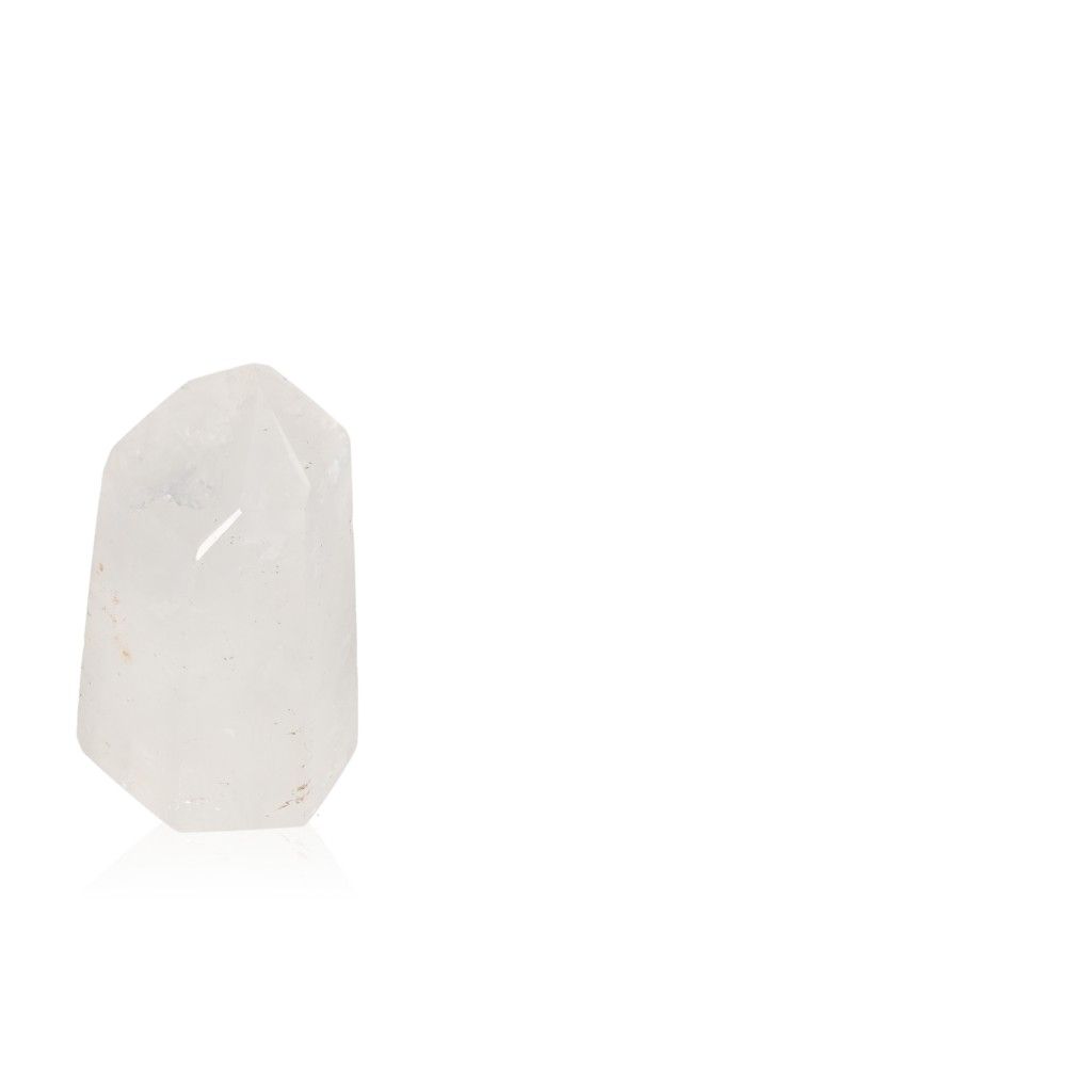 Polished crystal quartz point with unique properties for spiritual and energetic enhancement, associated with chakras and zodiac signs.