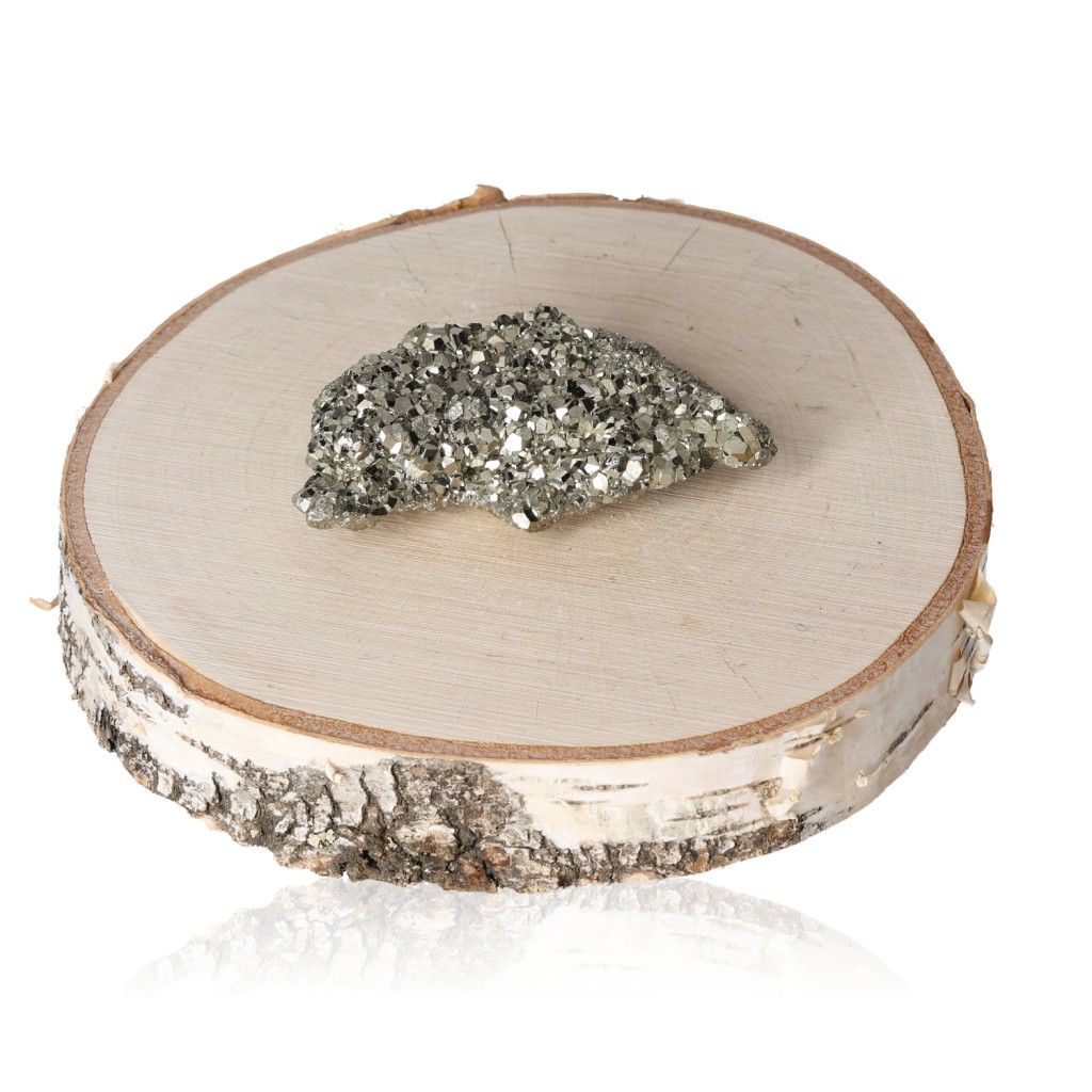 Pyrite druze on a wooden slab, promoting independence and courage, ideal for generating new ideas and motivating action.