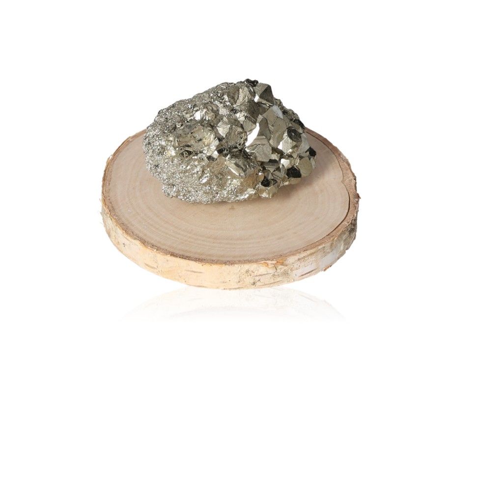 Pyrite druze crystal on wooden base, symbolizing independence and motivation, ideal for inspiring new ideas and courage.