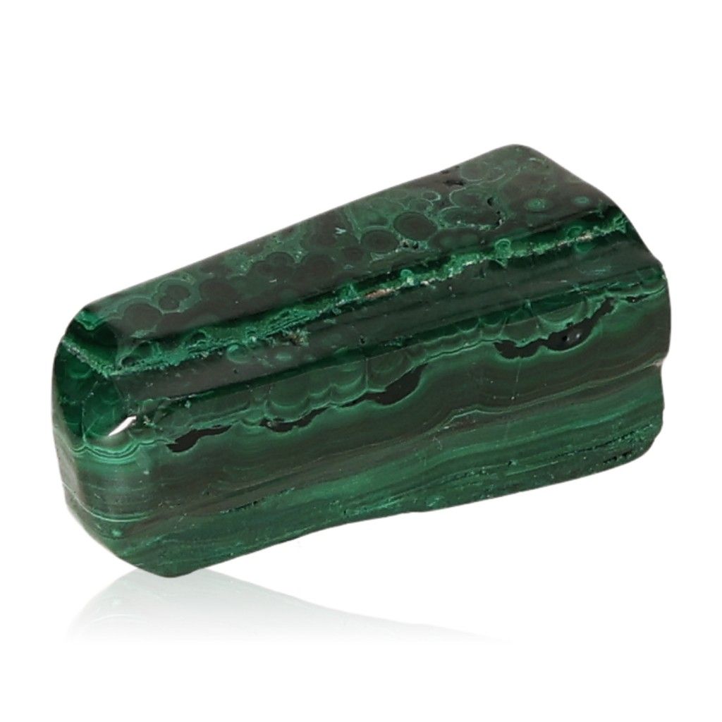 Polished malachite stone displaying vibrant green bands; known for its soothing energy and promoting courage and positivity.