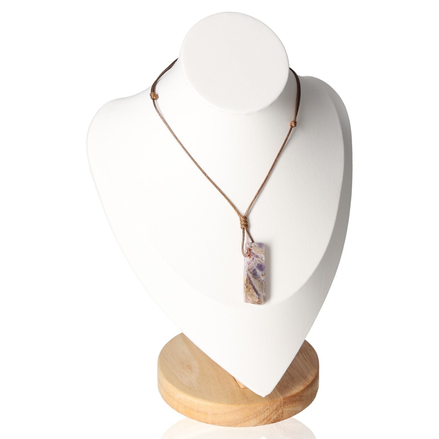 Boho Necklace Amethyst with genuine amethyst stone pendant displayed on a white mannequin stand.