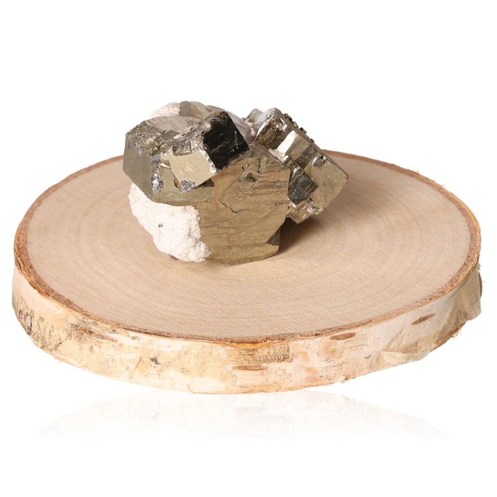 Pyrite druze with calcite on wooden base, supporting independence, initiative, and goal achievement.