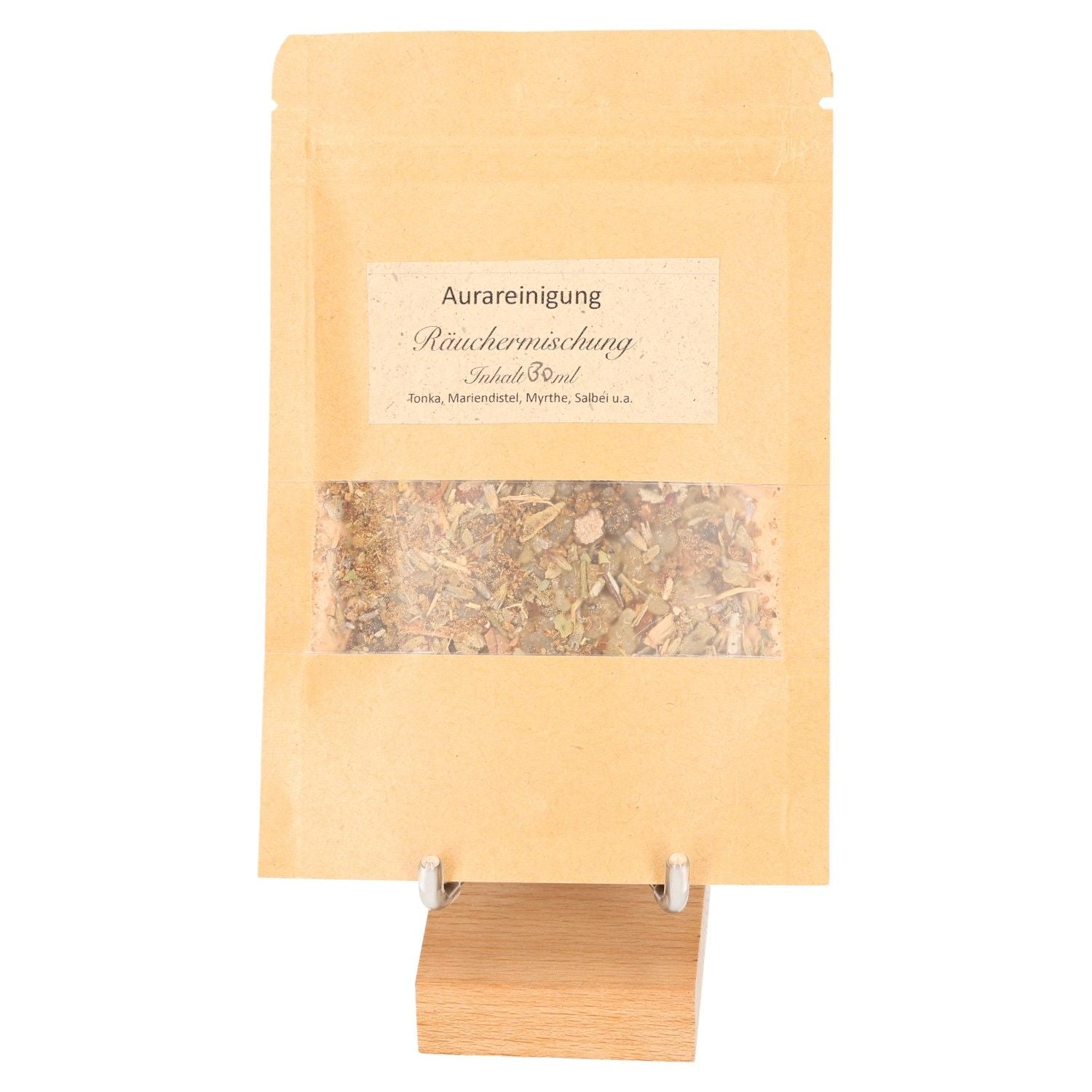 Incense Blend "Aura Cleansing" packaging on wooden stand, featuring natural ingredients for meditation and energy balance.