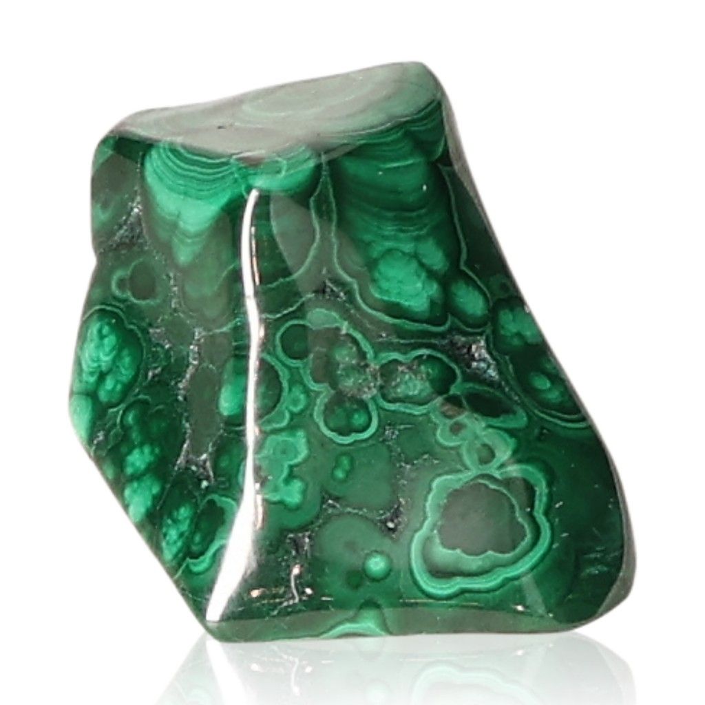 Gleaming polished malachite stone with green swirling patterns, symbolizing nature's soothing energy and inner harmony.