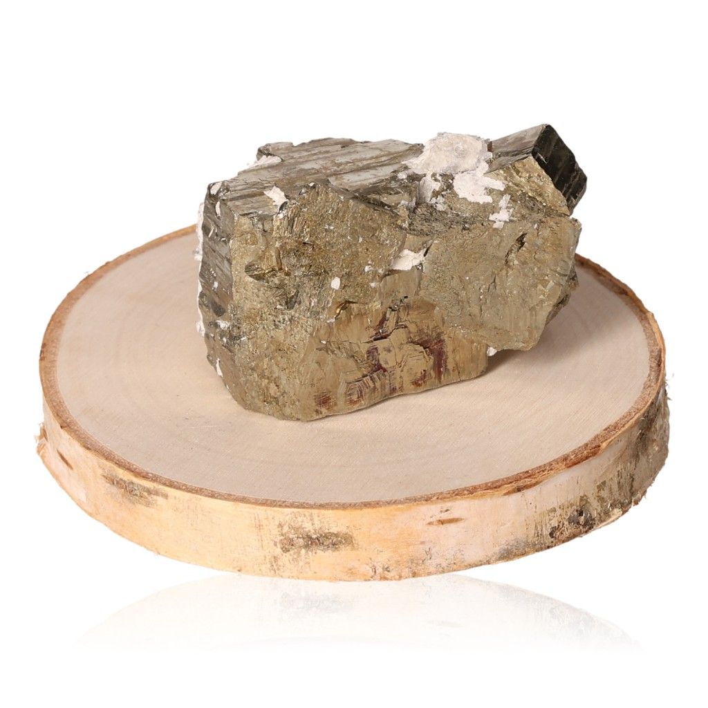 Pyrite druzy crystal on a wooden base, promoting independence and courage, ideal for generating new ideas and motivating action.