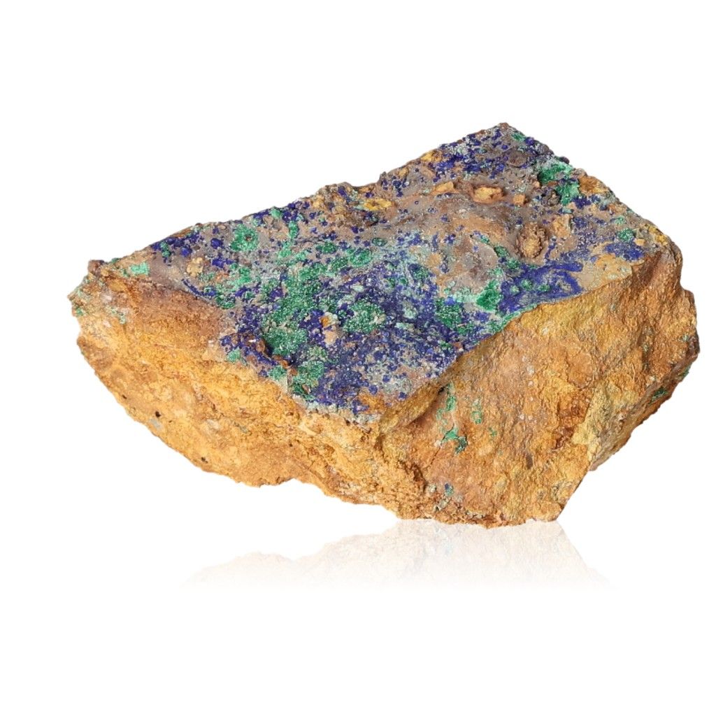 Azurite with Malachite druzes showcasing vibrant deep blue and green colors on a rugged mineral surface.