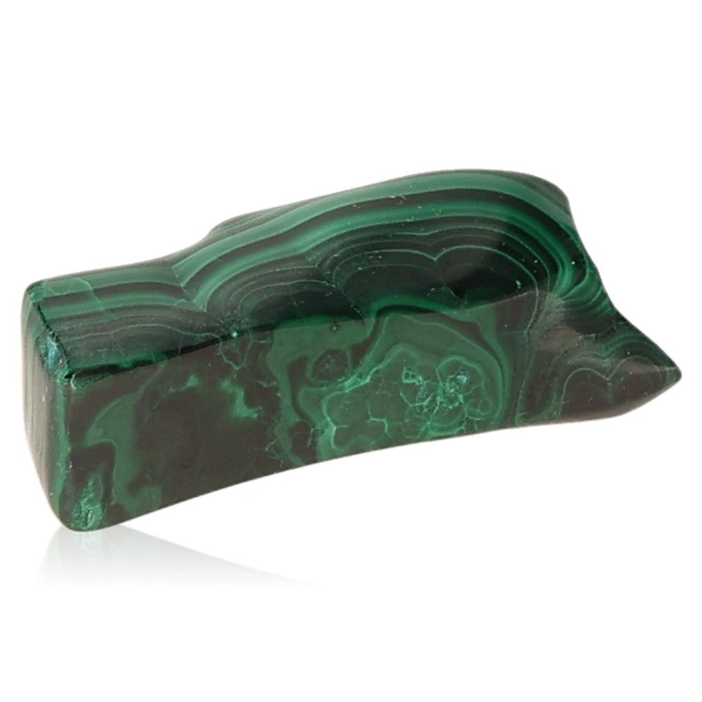 Polished malachite stone with green swirling patterns, known for soothing energy and promoting courage and inner harmony.