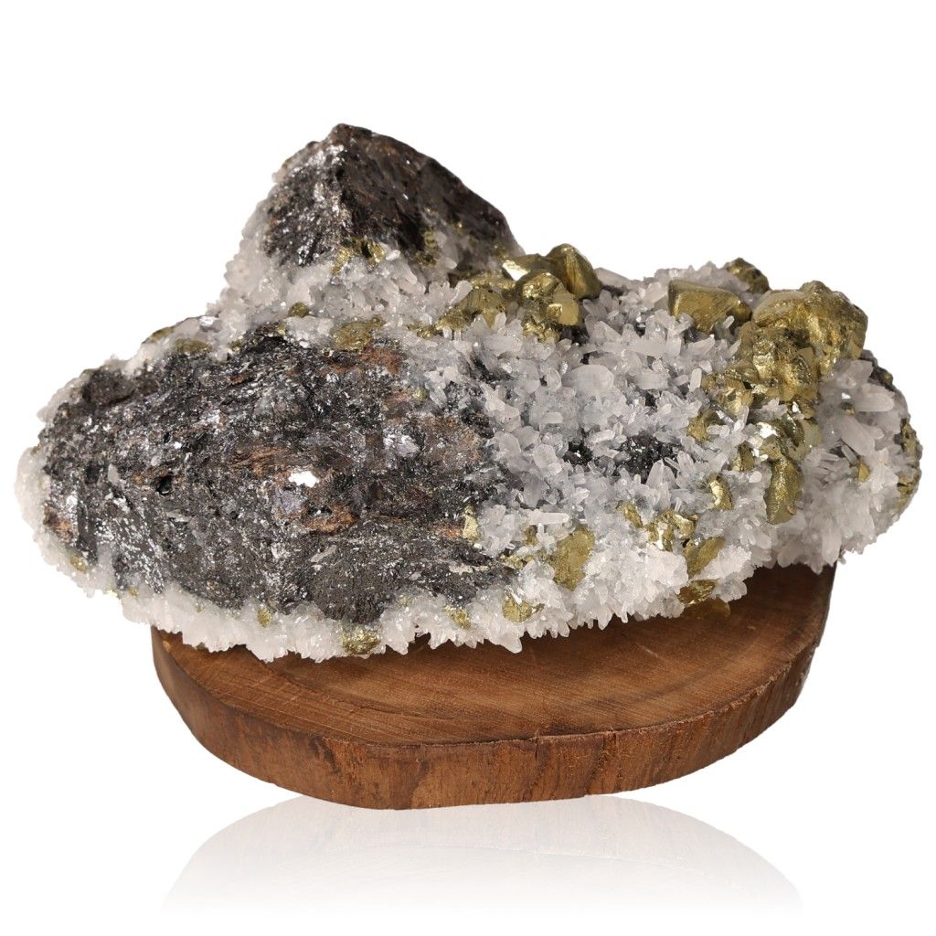 Chalcopyrite with quartz on sphalerite crystal cluster on wooden base, promotes positive thinking and boosts psychic abilities.