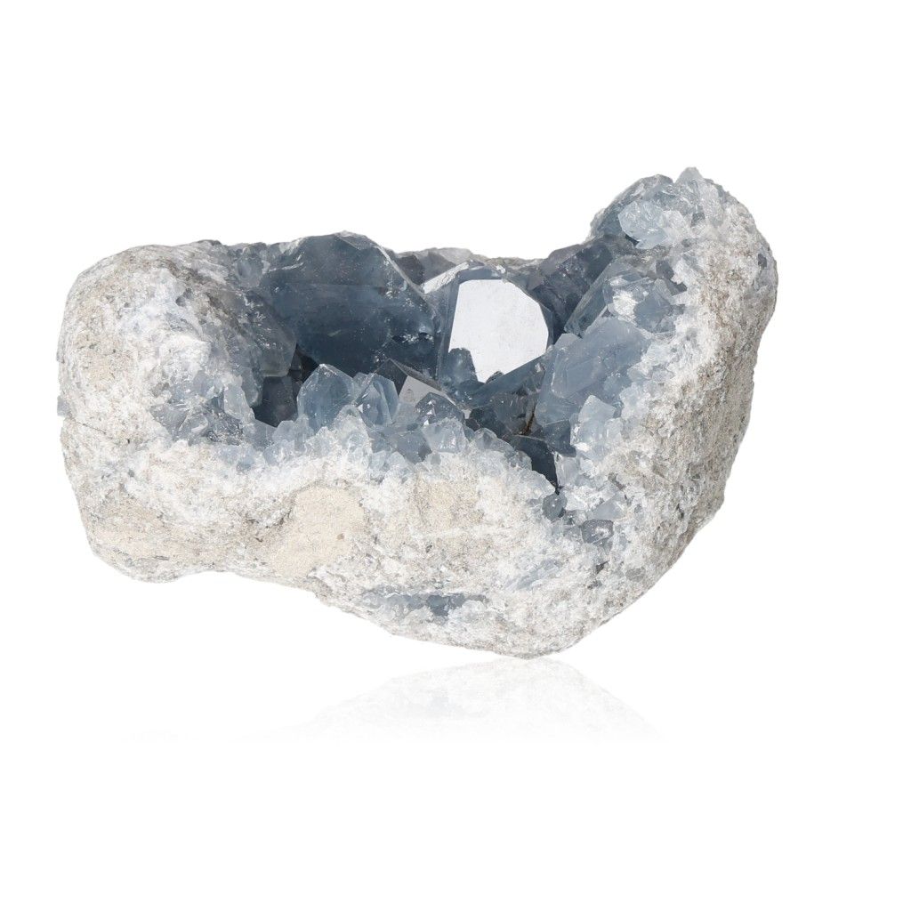 Celestite crystal geode showcasing serene blue hues for spiritual clarity and harmony