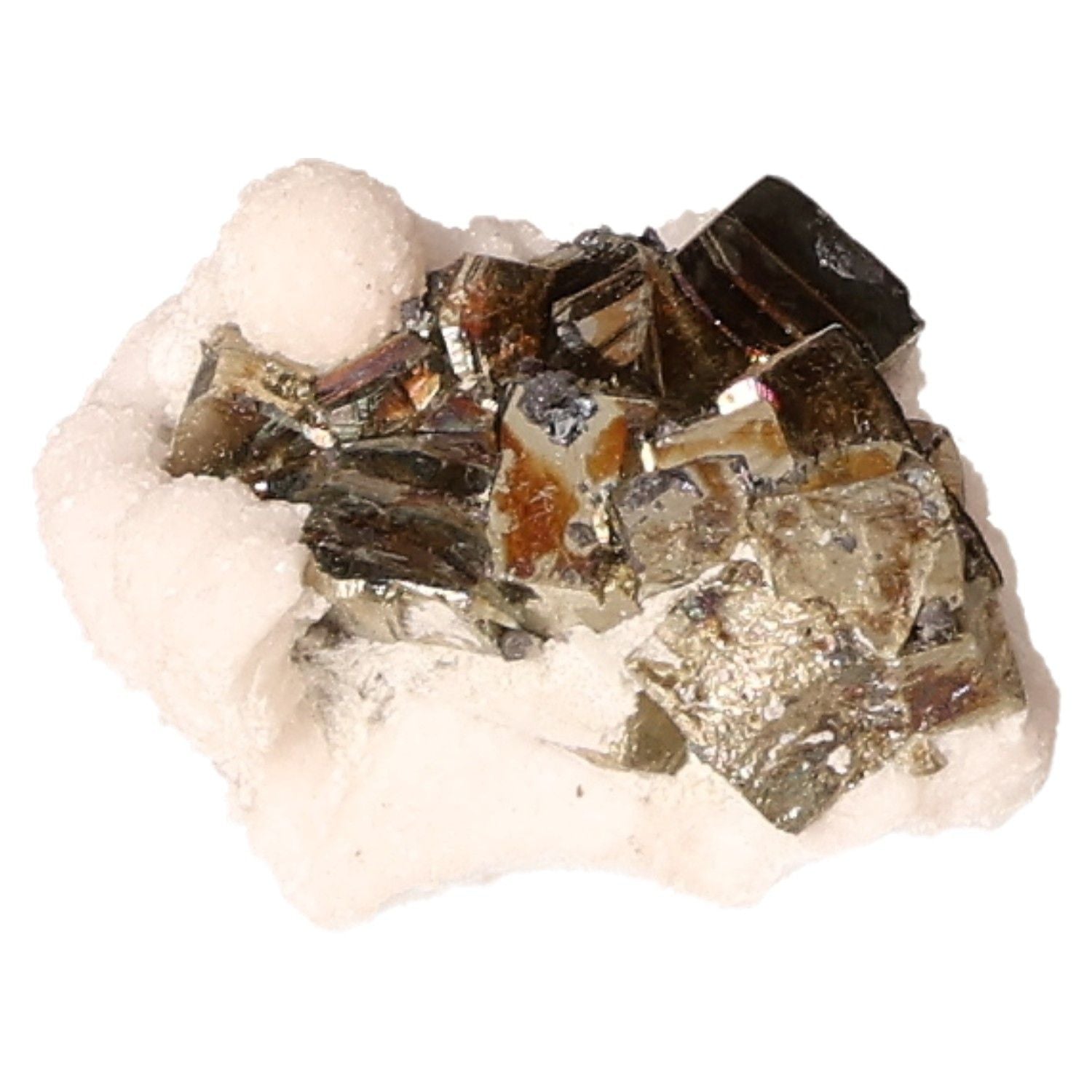 Pyrite druze crystal cluster on white stone surface, enhancing independence and courage for new ideas and goal achievement.