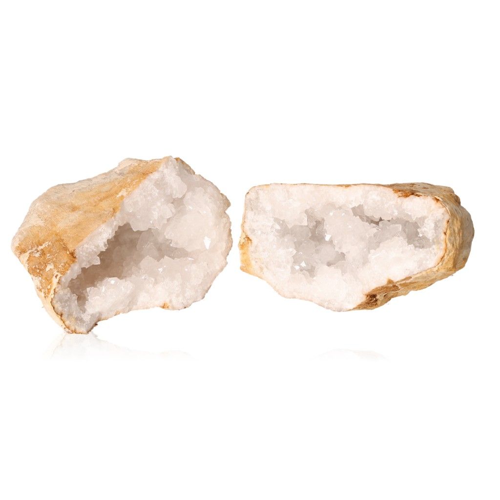 Milky quartz geode displaying rugged shell and sparkling cloudy white crystals, ideal for energy cleansing and boosting focus.