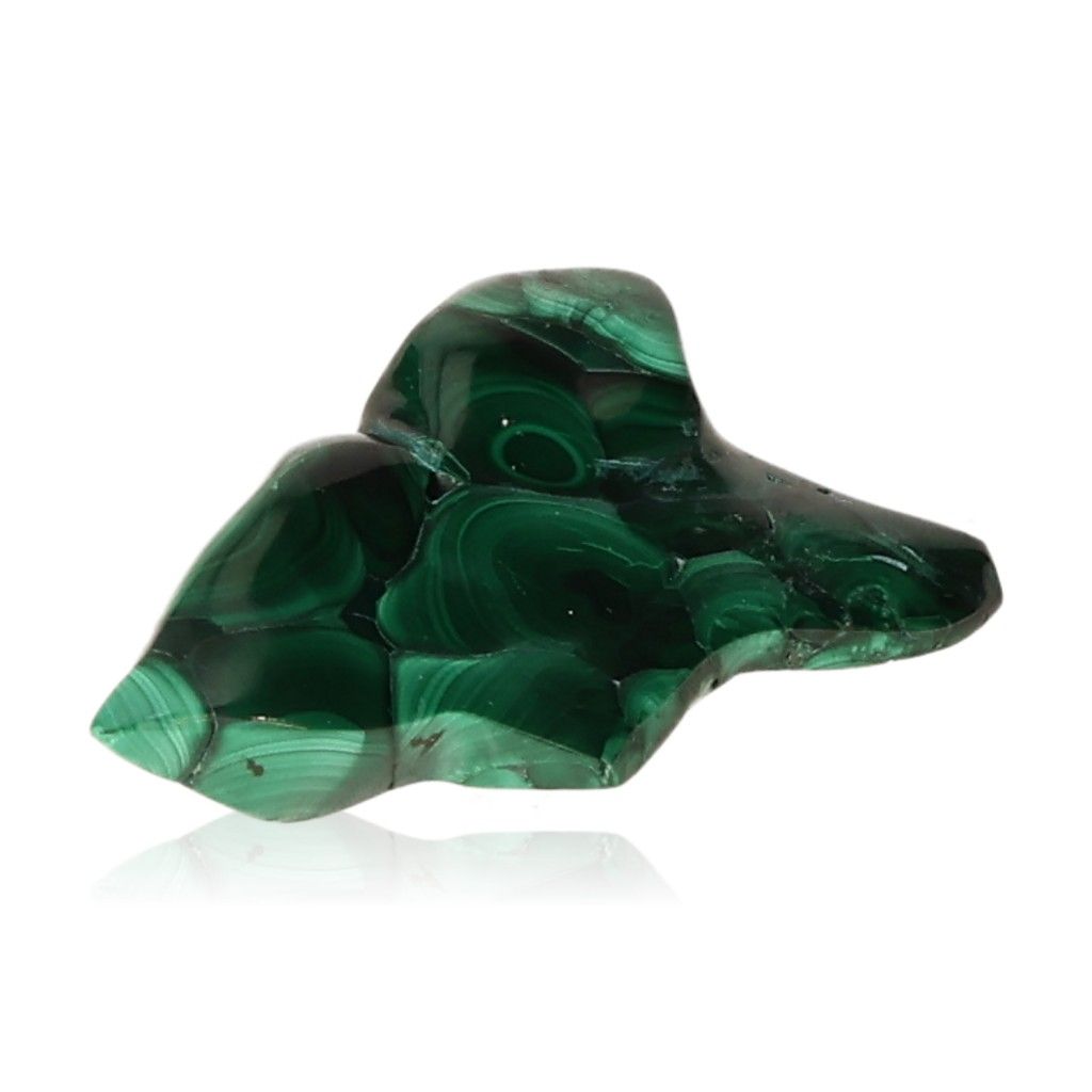 Natural malachite stone with swirling green patterns, known for soothing energy and promoting courage and optimism.