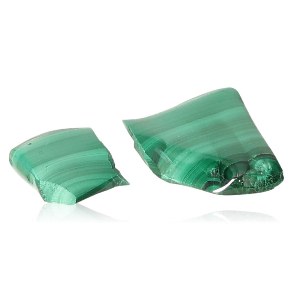 Two polished malachite stones showcasing vibrant green bands, symbolizing nature's soothing energy and optimism.