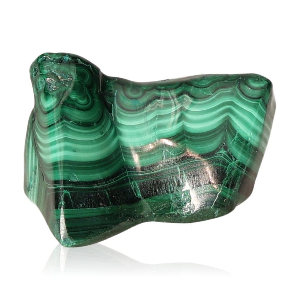 Polished malachite stone with vibrant green bands, symbolizing nature's soothing energy and promoting courage and optimism.