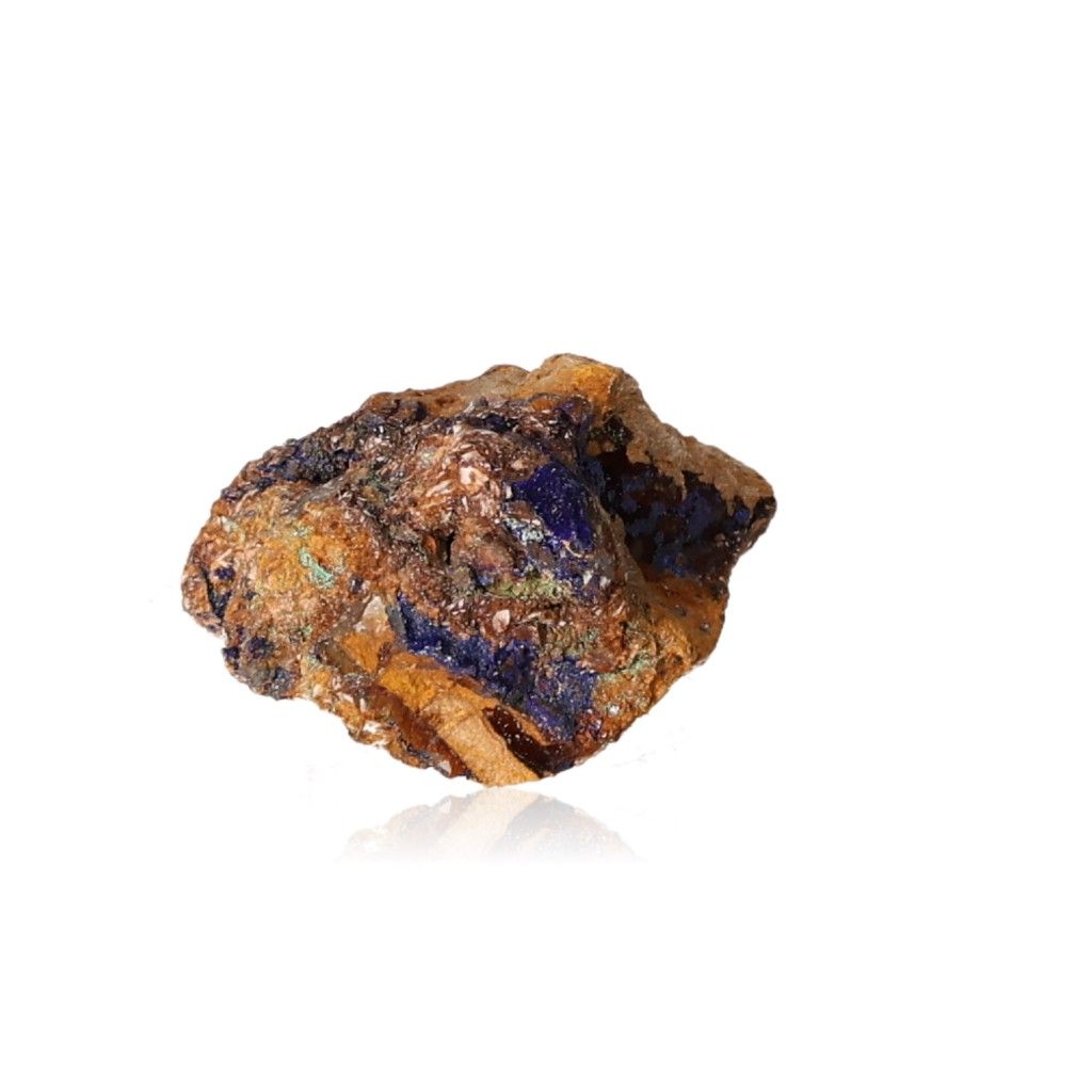 Azurite mineral rock with deep blue hues and unique patterns on a white background. Ideal for collectors and spiritual journeys.