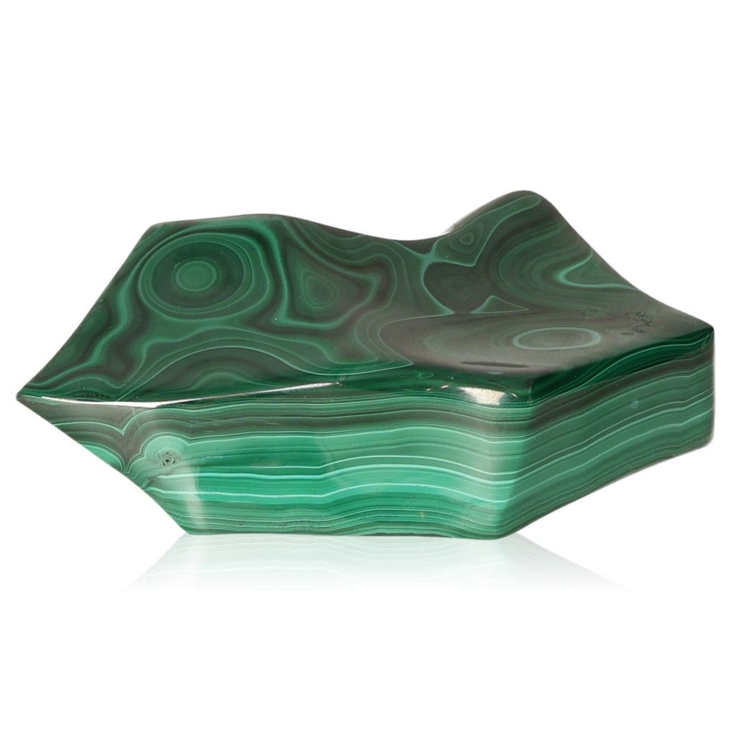 Polished green malachite stone with unique swirling patterns, known for its soothing energy and support in navigating life changes.