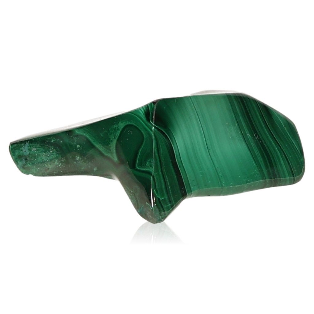 Malachite gemstone with rich green bands, known for soothing energy and promoting courage and optimism.