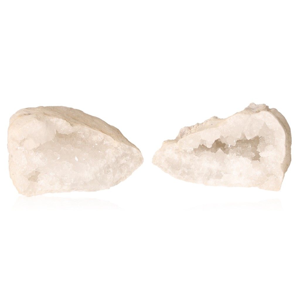 Milky quartz geode split open, revealing sparkling white crystals for energy balance and tranquility.