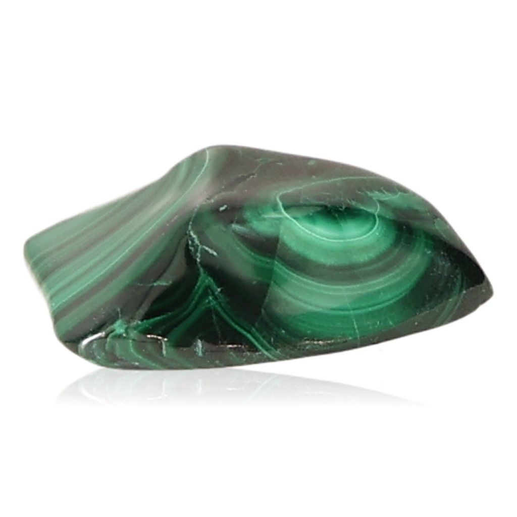 Polished malachite stone with vibrant green swirls, known for its soothing energy and support in finding inner harmony and optimism.