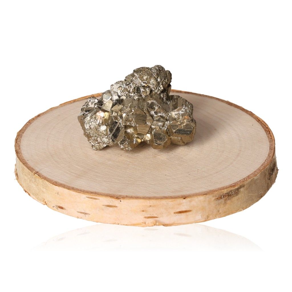 Pyrite druzy cluster on wooden base, promoting independence and motivation in life goals and ideas.